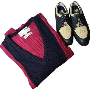 Pringle Scotland V-neck Hand Framed Cotton Logo Ribbed Open Weave Golf Sweater